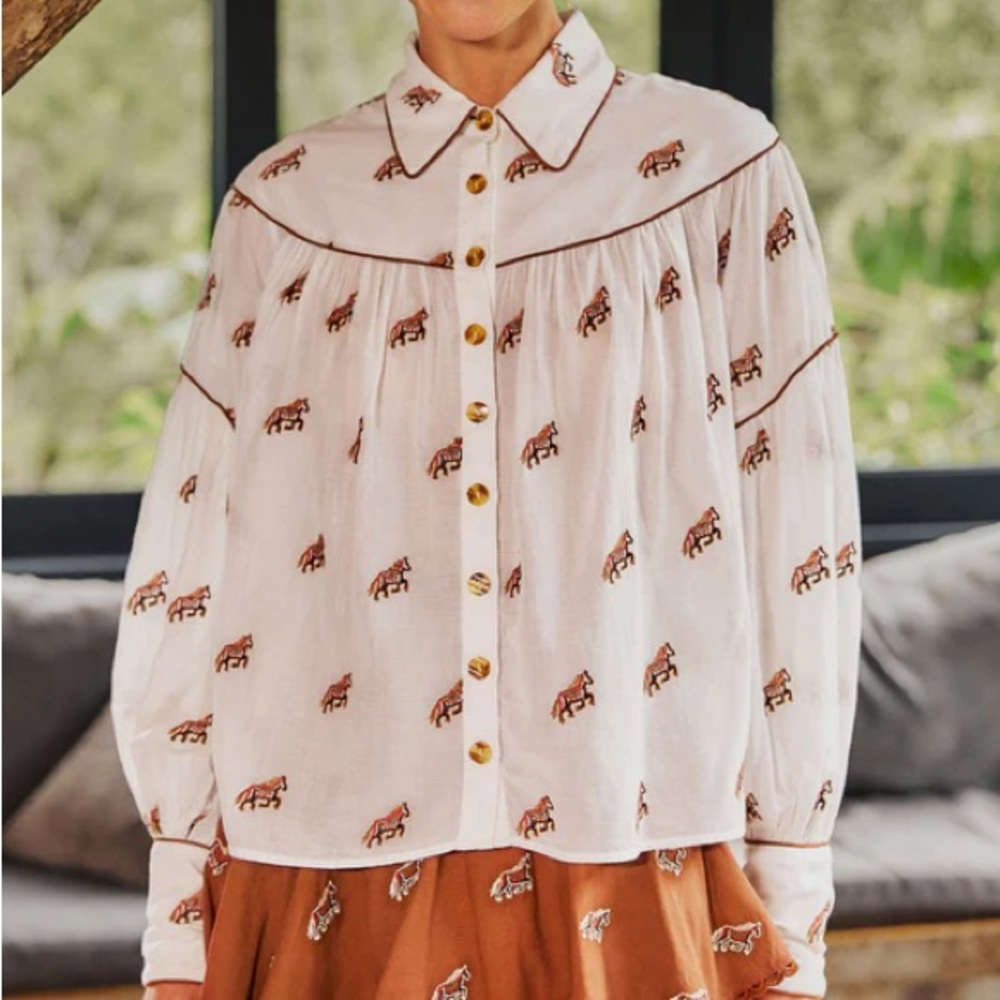mFarm Rio Off White Embroidered Horses Blouse